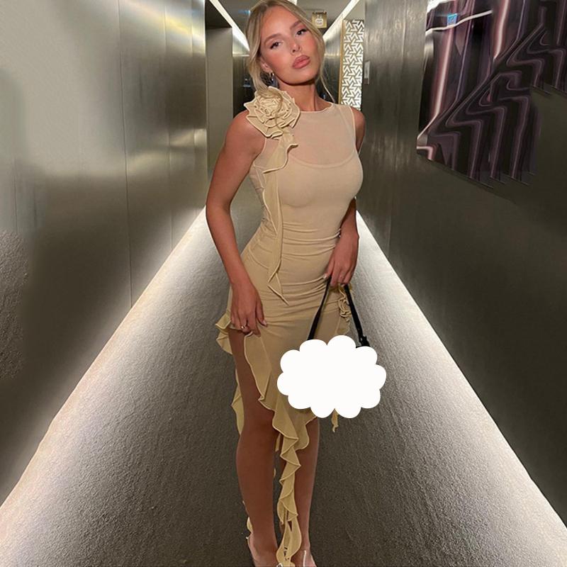 

Прозрачная сетка, сексуальные клубные платья, женское лоскутное вечернее платье с рюшами, женское элегантное облегающее винтажное женское платье с цветочным принтом 24173 XL бежевый