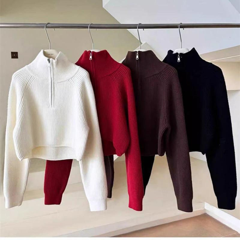 Fashion Autumn Winter Semi-turtleneck Zipper Women Knitted Sweater Long Sleeve Loose Short Tops New Solid Color Office Casual Simple Clothing