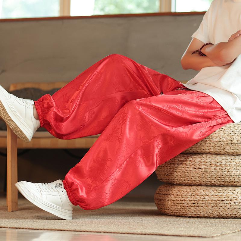 Chinese Men's Dragon Pattern Wide-Leg Bloomers - Loose Fit, Plus Size, Trendy Casual Pants
