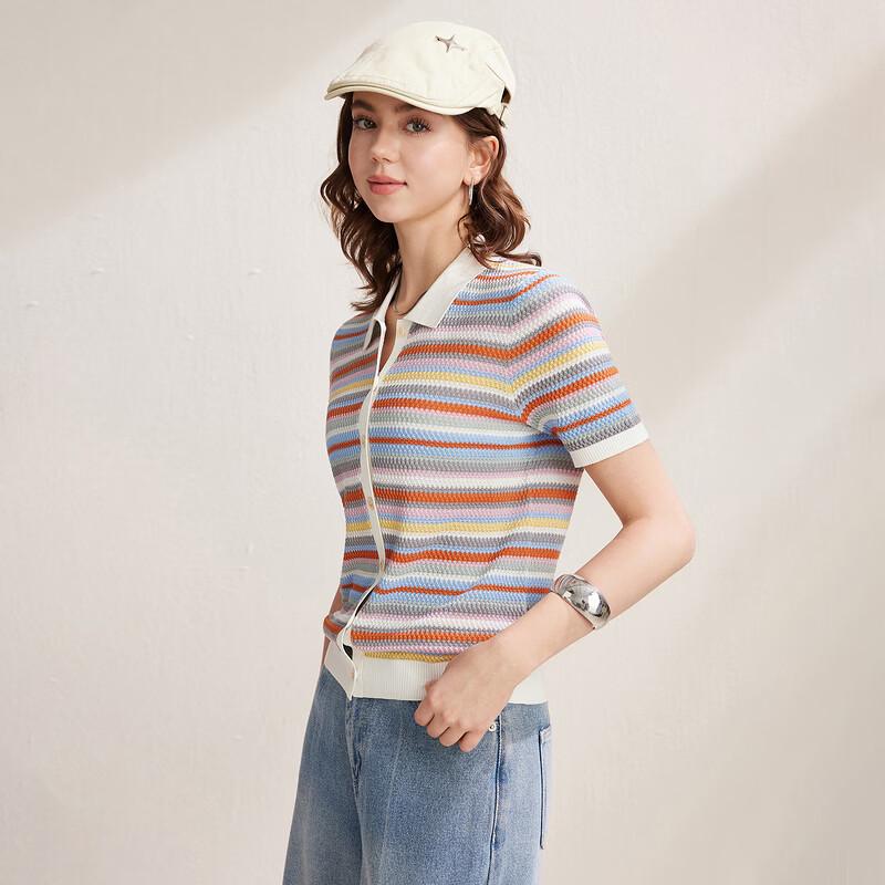 Women's Mulberry Silk Blend Striped Short Sleeve Knit Top