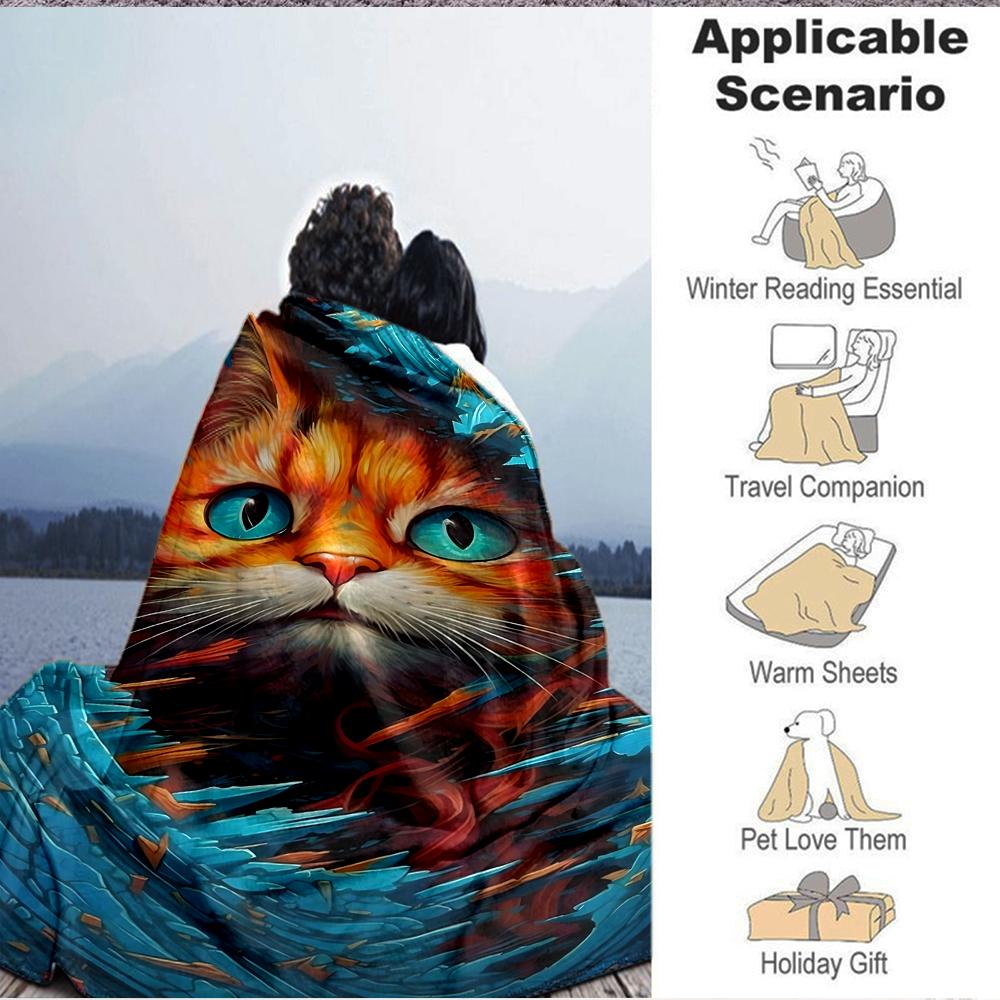 1Pc Abstract Cat Portrait Flannel Blanket, Soft And Comfortable, Casual Warm, Camping Travel, Christmas, Halloween Xmas Gift. G1143