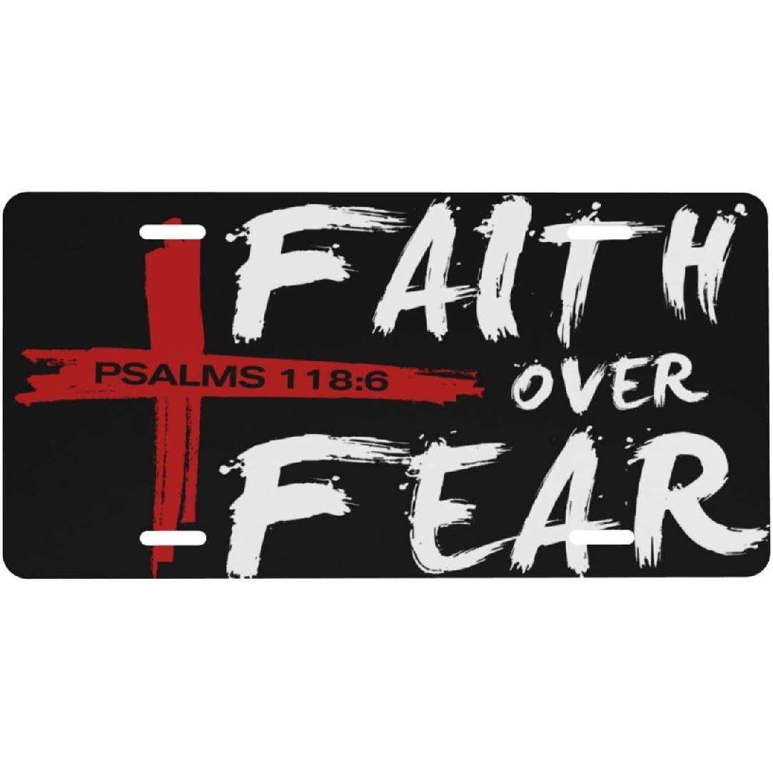 

Christian Jusus Cross Faith Over Fear Red License Plate Personalized Thickened Aluminum License Plate, Novelty Vanity Car Tags for Men Women s Gifts One Size