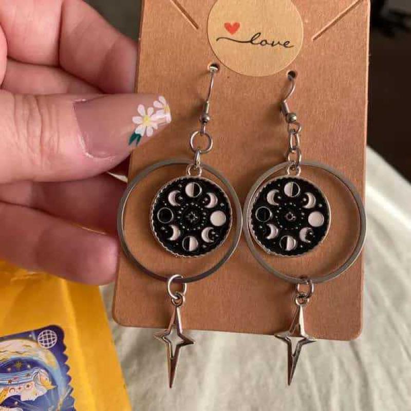 Celestial Moon Phase Earrings: Gothic Black & Silver Star Jewelry.
