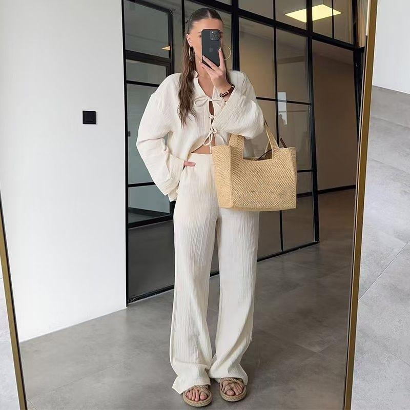 

Western Style New Fashion Solid Lace-up Shirts Trousers Two-Piece Suit Shirt and Pants Set Suit Apricot color M