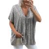 Women's Casual Loose Color Dropped Shoulder Short Sleeve V Neck Sequin Top T-Shirt