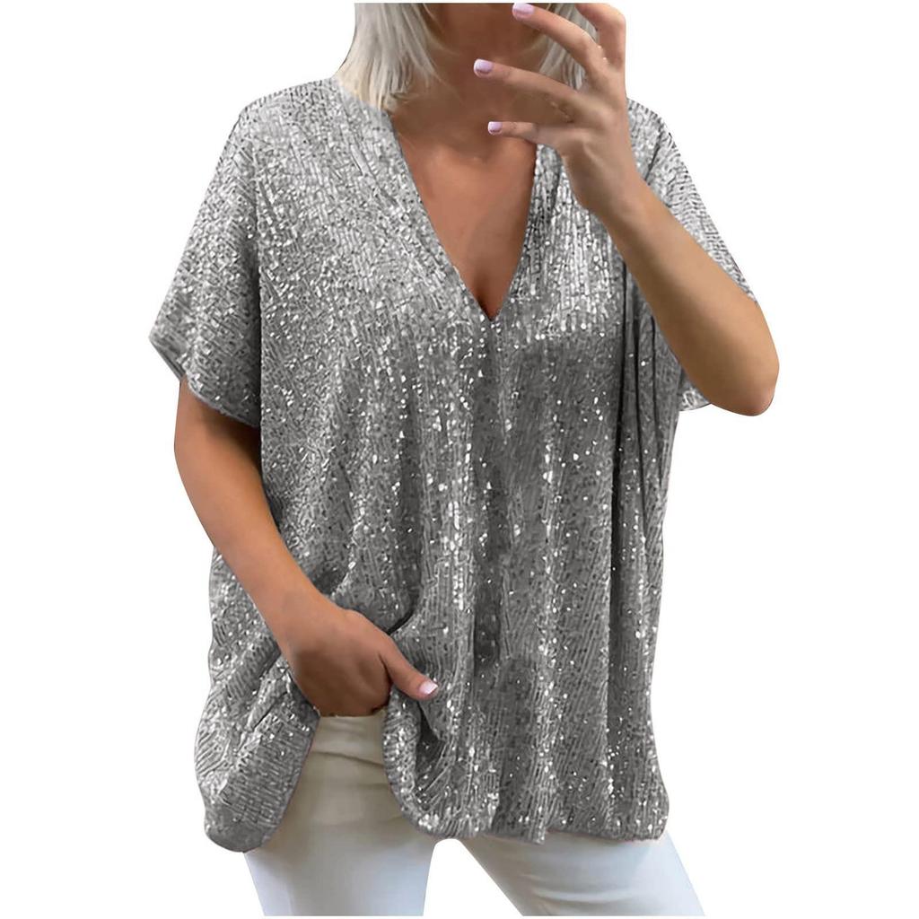 Women's Casual Loose Color Dropped Shoulder Short Sleeve V Neck Sequin Top T-Shirt