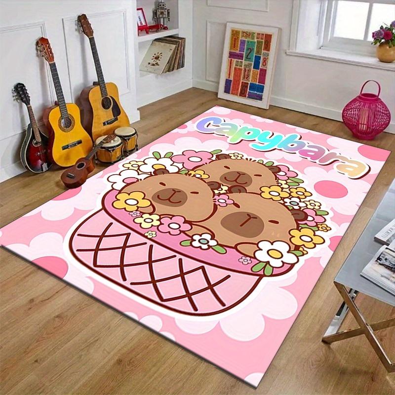 Cute Capybara Cartoon Carpet Mat Rug - Lucky Heart Pattern Home Decoration for Kids Room Living Room Playful Animal Design
