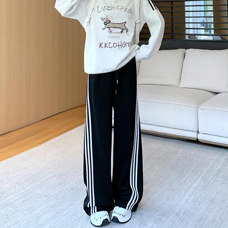 Apricot Retro Three-bar Sweatpants Women's Spring and Autumn New High-waisted Straight Wide-leg Casual Loose Sweatpants