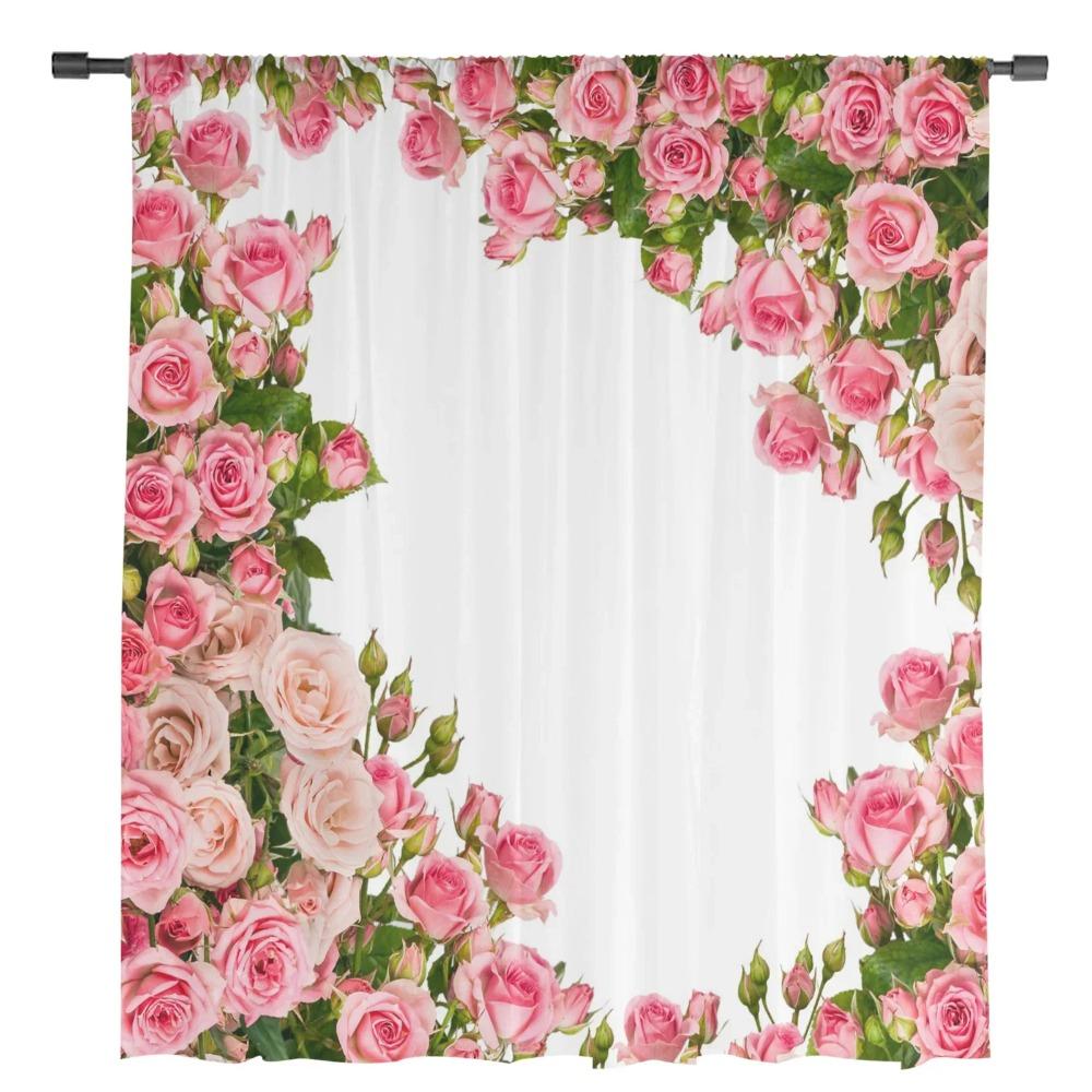 Blush Pink Rose Blossom Floral Bouquet Pure White Soft Tulle Transparent Drapes for Living Room Ornamentation Window Panel Curtain Ideal for Bedroom