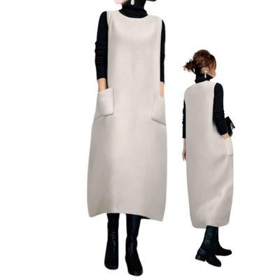 DeerLuxe Weißer Pullover Kleiner Pullover Pullover Warme Schicht Schichtweise Lang Petite Einfach Schichtweise Ausgestellt Maxi Rund Locker Beige Damenrock, Rock, U-Ausschnitt Rock,