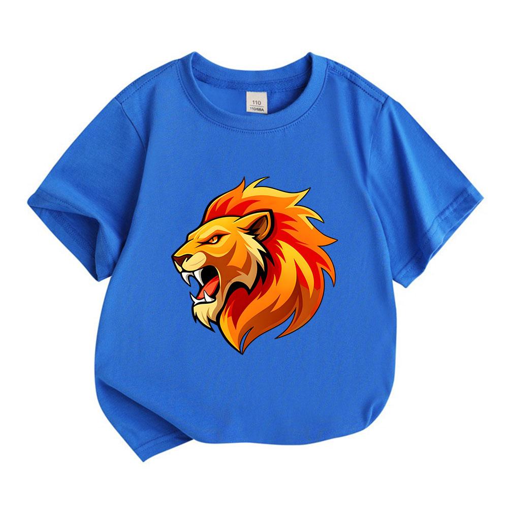 Kids Boys Girls Crew Neck Short Sleeve 100% Cotton T-Shirt, Cool Roaring Fire Lion Head Graphic Casual Soft Summer Tees Tops for Children Daily Wear