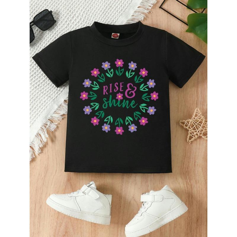 

European sizes Casual Stylish T-shirt with Pretty Little Flowers and Slogan Print | Perfect for Girls in Summer, Regular Fit, Crew Neck 98cm чёрный
