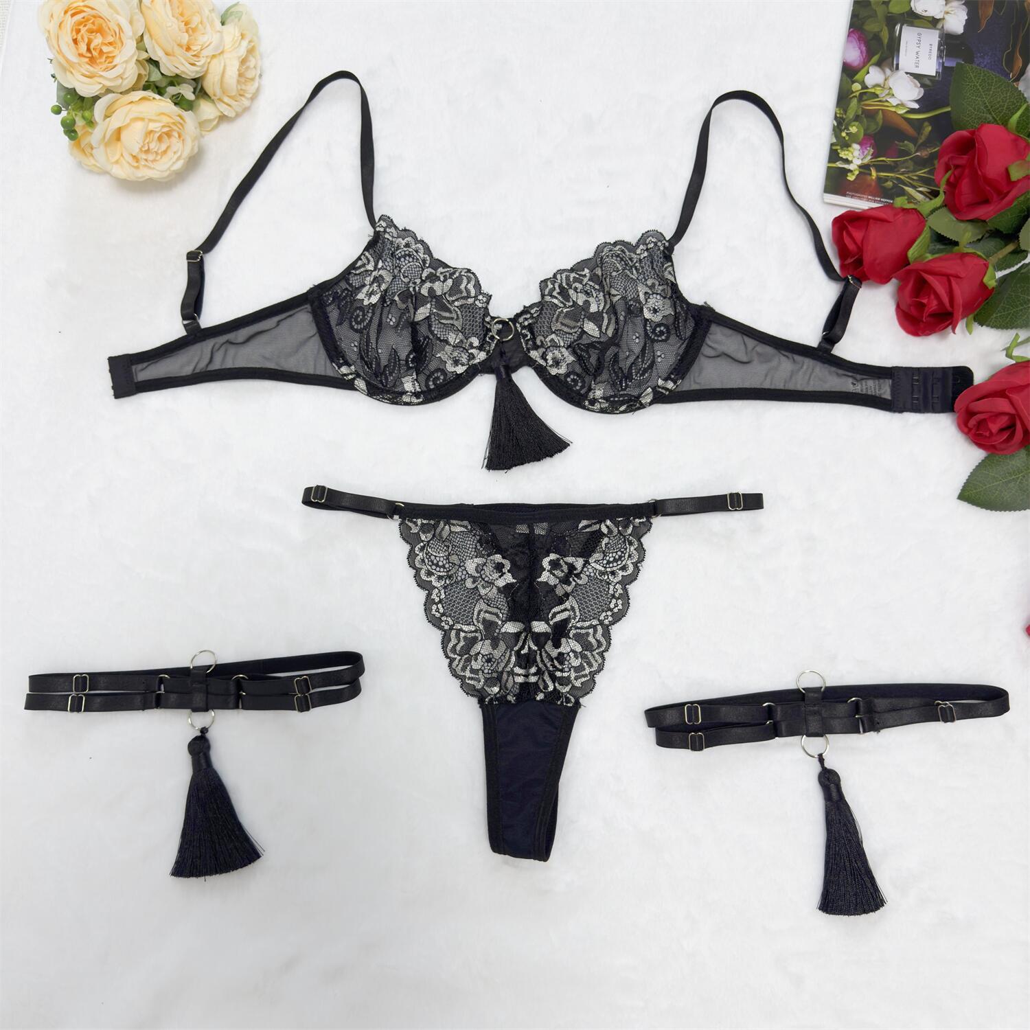 

Забавное нижнее белье с кисточками и стальной окантовкой, комплект нижнего белья с сеткой, сексуальный комплект L