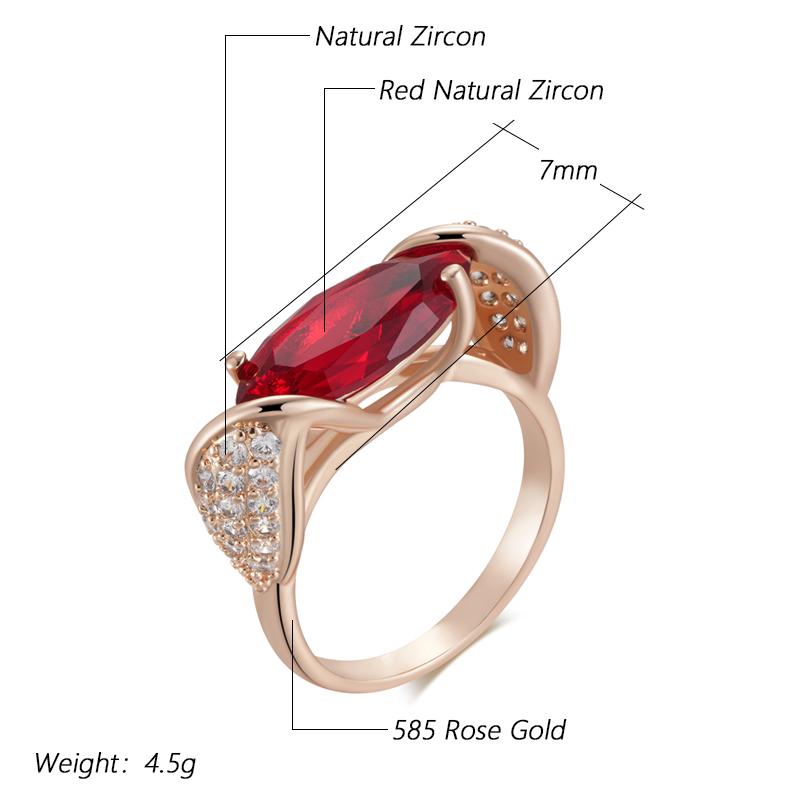 Rhombus Red Natural Zircon Ethnic Bride Ring Rose Gold Color High Quality Daily Fine Vintage Jewelry For Women