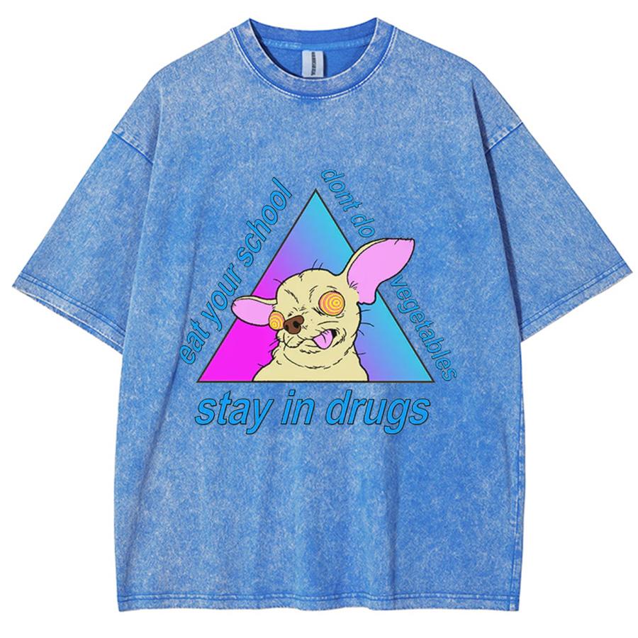 Fashion Trend Puppy Print Women Washed T-Shirt Loose Oversized Couple Short Sleeve Distressed Top Spot Tees