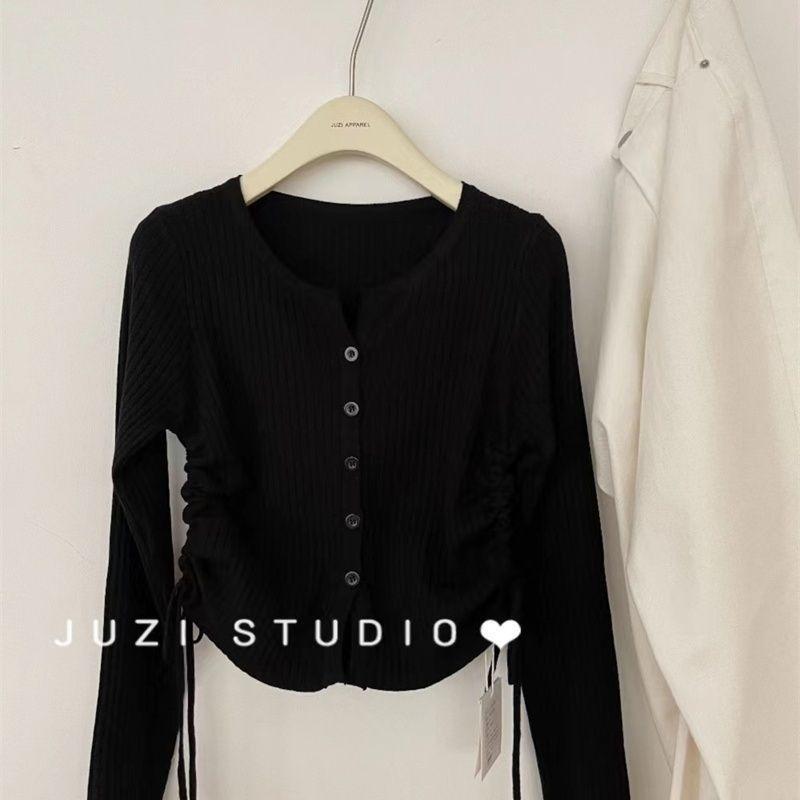 Autumn Women's V-neck Sweater Pure Lust Style Slimming Versatile Cardigan Side Drawstring Long-sleeved Top