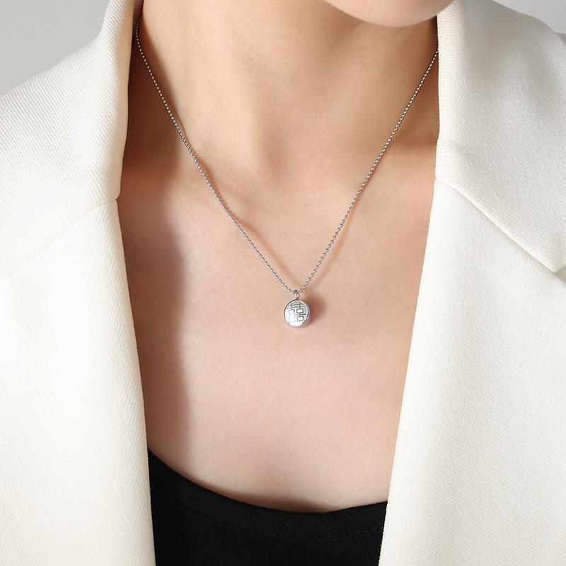Guofeng Fashion Commuter Niche Design Double Happiness Fu Double-Sided Pendant Necklace Titanium Steel Plated 18K Gold Jewelry