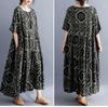 Abiti Cotone Lino Taglia Forte Stampa Fiori Vintage Abbigliamento Autunnale Donna Casual Largo Lungo Abito Estivo