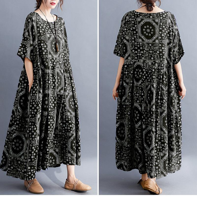 Abiti Cotone Lino Taglia Forte Stampa Fiori Vintage Abbigliamento Autunnale Donna Casual Largo Lungo Abito Estivo