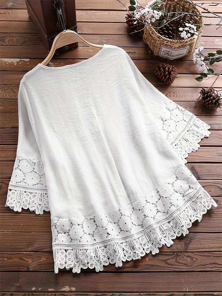 Plus Size Elegant Blouse, Women's Plus Floral Appliques Contrast Guipure Lace Short Sleeve Tie Neck Top