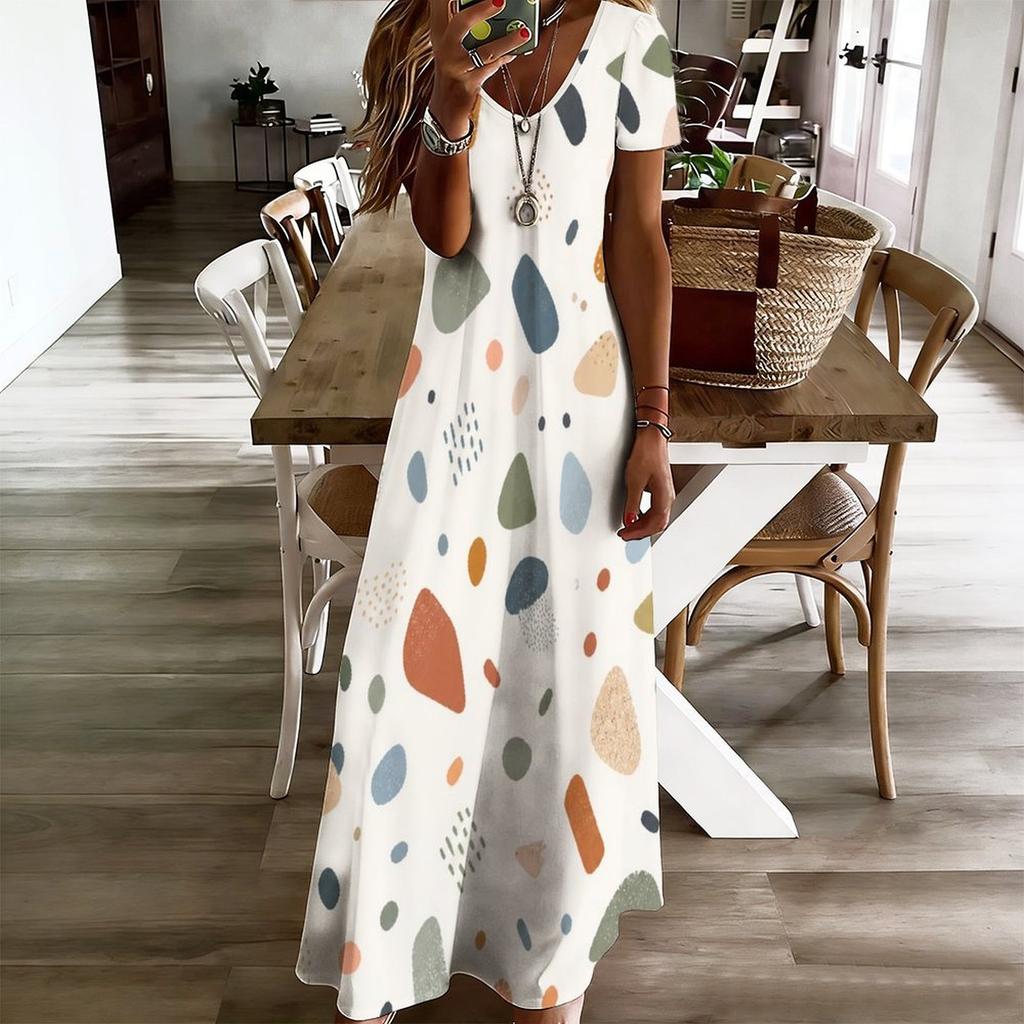 Women Plus Size V Neck Short Sleeve Printed Straight Maxi Dress