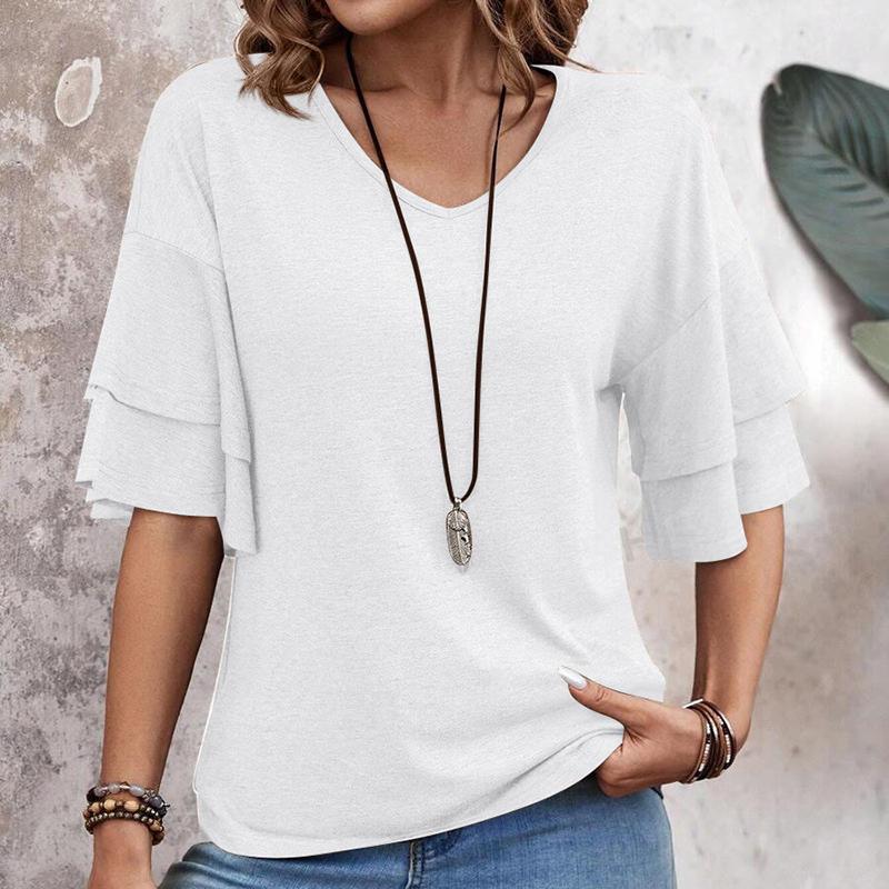 

Женская летняя двухслойная футболка с коротким рукавом, V-образным вырезом, однотонная XXL