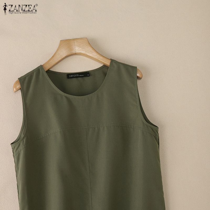 ZANZEA Women Casual Round Neck Solid Color Sleeveless Dress