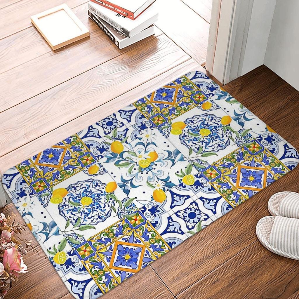 Tappetino di Benvenuto Estivo Limone Blu Fiore Tappeto Decorativo per Soggiorno Bagno Antiscivolo Tappetino per Pavimento Camera da Letto Decorazione per la Casa
