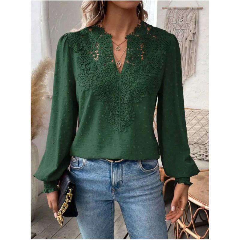 Dámská ležérní košile s dlouhým rukávem a výstřihem do V, s krajkovou vsadkou, jednobarevný elegantní top