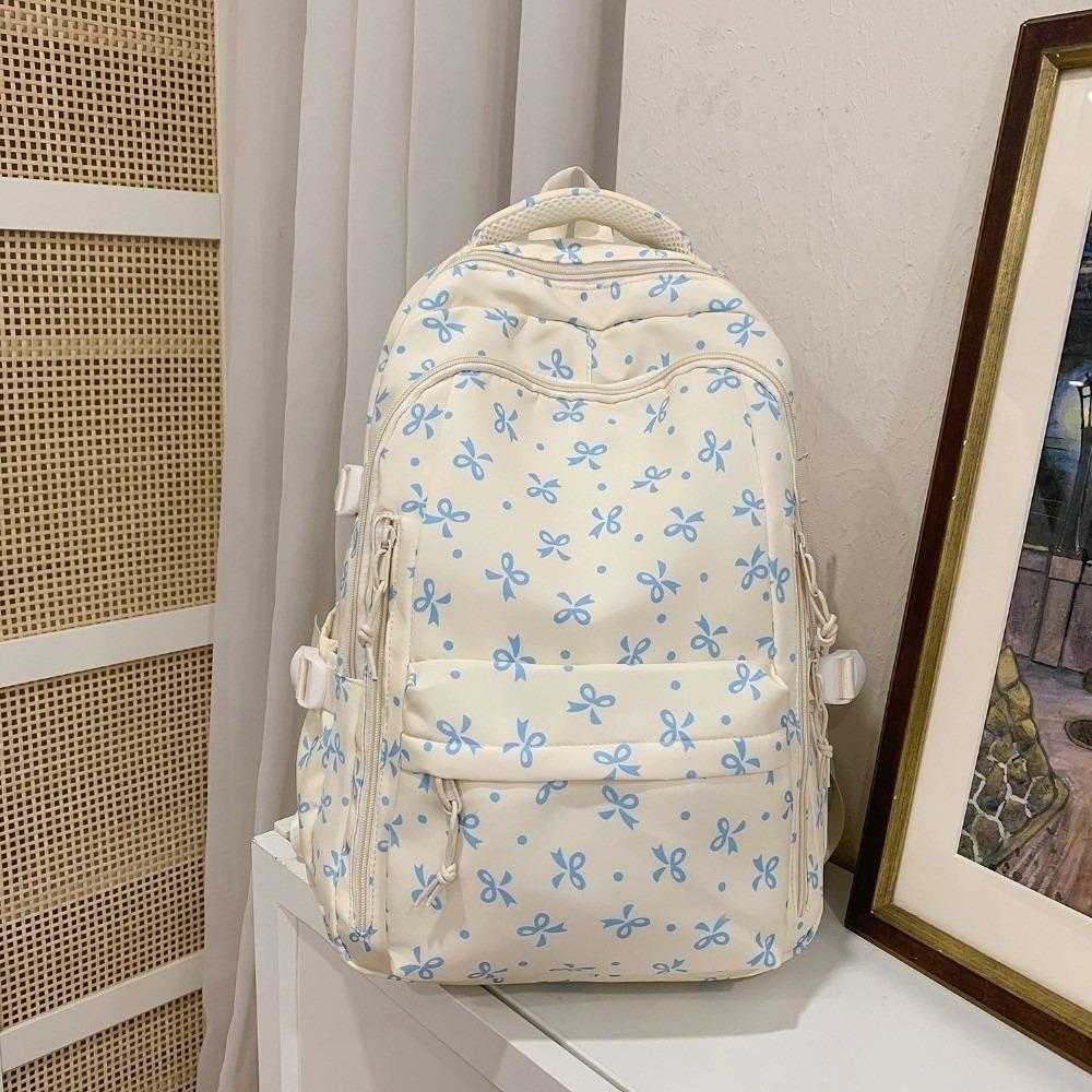 Multi-compartment Bow Pattern School Bag Multi-pocket Rucksack Floral Print Backpack Travel