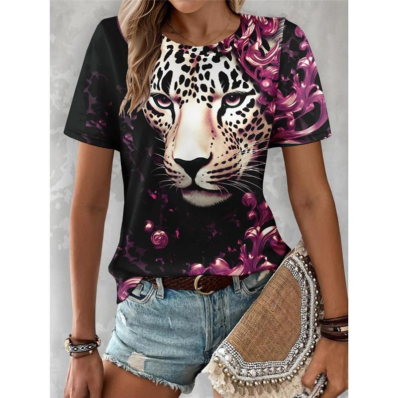 Sommer Damen Pendelshirt mit Löwenprint, Rundhalsausschnitt, kurzärmlig