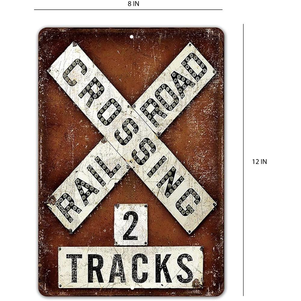 Railroad Crossing Two 2 Train Tracks Sign Tin Vintage Look Garage Bar Decor