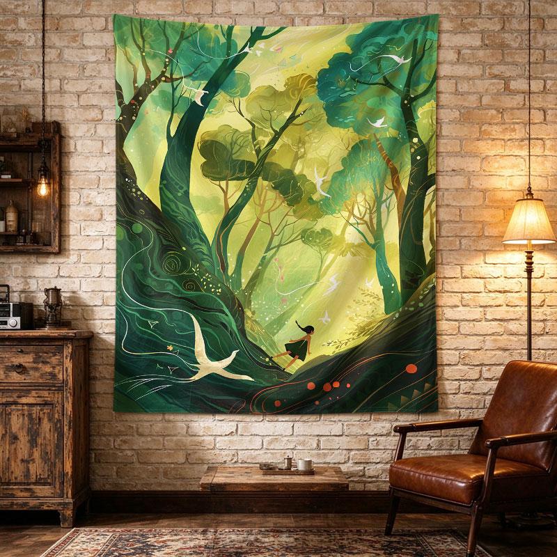 Girl Running Enchanted Forest Birds Green Fairytale Illustration Art