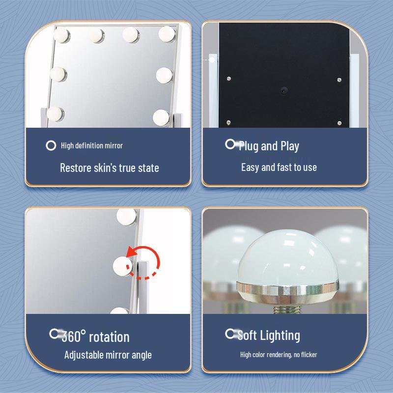 Lustro do makijażu Hollywood z żarówkami LED i trójkolorowym oświetleniem, Inteligentne lustro na biurko