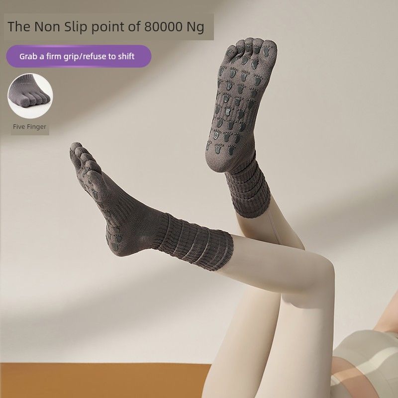 

Five Finger Yoga Socks Professional Non Slip Sports Middle Tube Pure Cotton Pile Style for Workout and Dance Pilates Split Toe Special Socks Grey