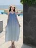 Women's French Seaside Gradient Spaghetti Strap Long Dress - Summer Sleeveless Sea Wave Style
