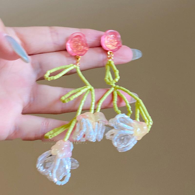 Acrylic Glass Flower Fringed Earrings Mori Small Fresh Stud Earrings Fashionable Versatile Early Spring Earrings