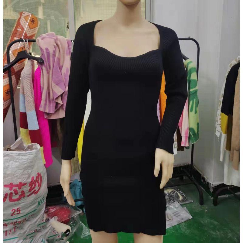 

Fashion Wind Square Collar Long Sleeve Slim-Fit Hip-Wrapped Short Dress Slit Knitting Dress Slit Knitted Dress Black S