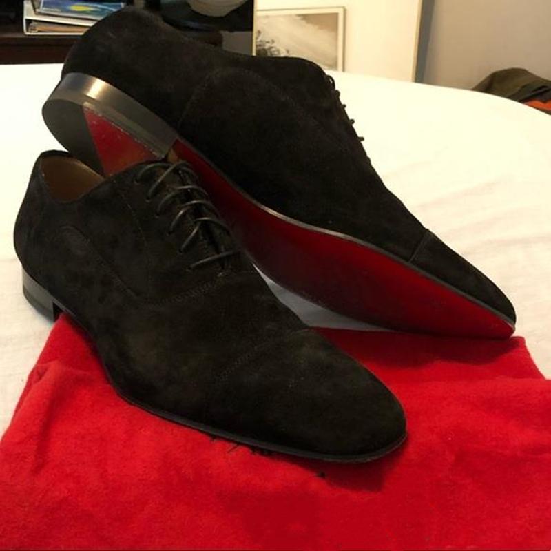 New Red Sole Men Shoes Black Flock Derby Shoes Breathable Lace-up Handmade Men Shoes  Chaussures Pour Hommes