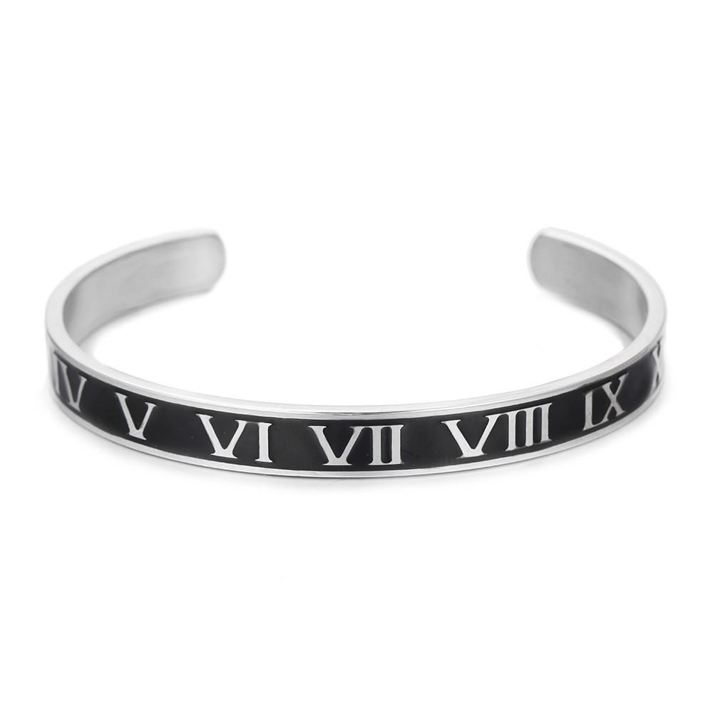Bracciale a manetta unisex in acciaio al titanio con numeri romani e finitura galvanizzata per moda, regalo per uomo donna
