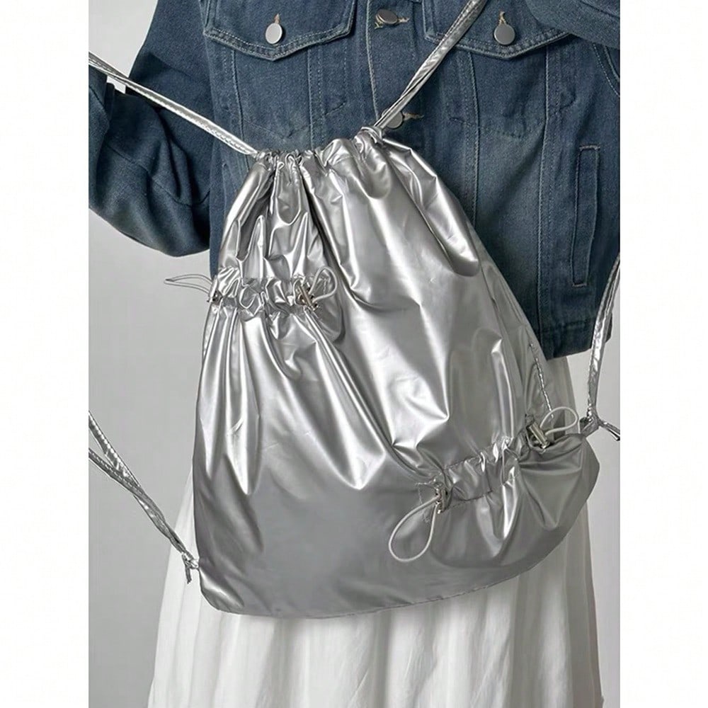 Sac à dos à cordon Sac à dos pour femme Sac à dos léger Anti-éclaboussures argenté