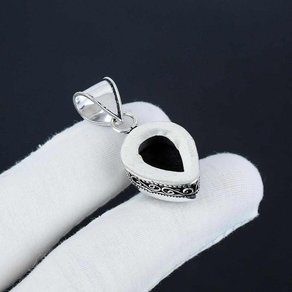 Natural Black Onyx Gemstone Silver Pendant in 925 Sterling Silver - Handmade Pear Design, Everyday Wear Jewelry Father Day  Gift