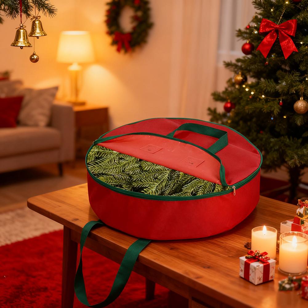 Christmas Wreath Storage Bag Red 600D Oxford Polyester with Handles for Organizing Wreaths and Seasonal Decorations