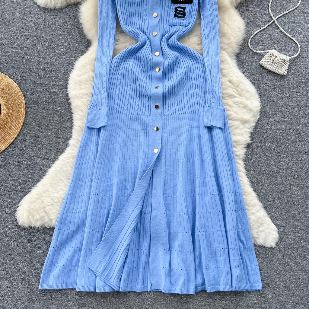 Autumn Winter Wear Embroidery Letter Knitted Sweater Dress Women Polo Single Breasted Designer Temperament Long Dresses