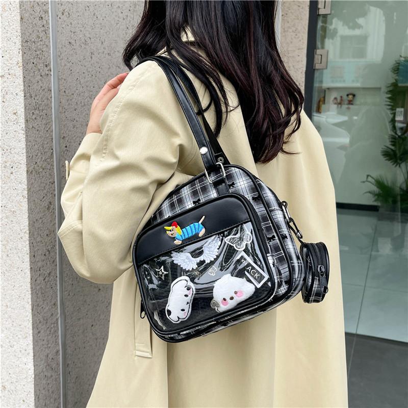 New Kawaii Women Ita Crossbody Tote Bag Clear Nylon Plaid Small Shoulder Bag JK Girls Pin Display Handbag With Circle Pocket