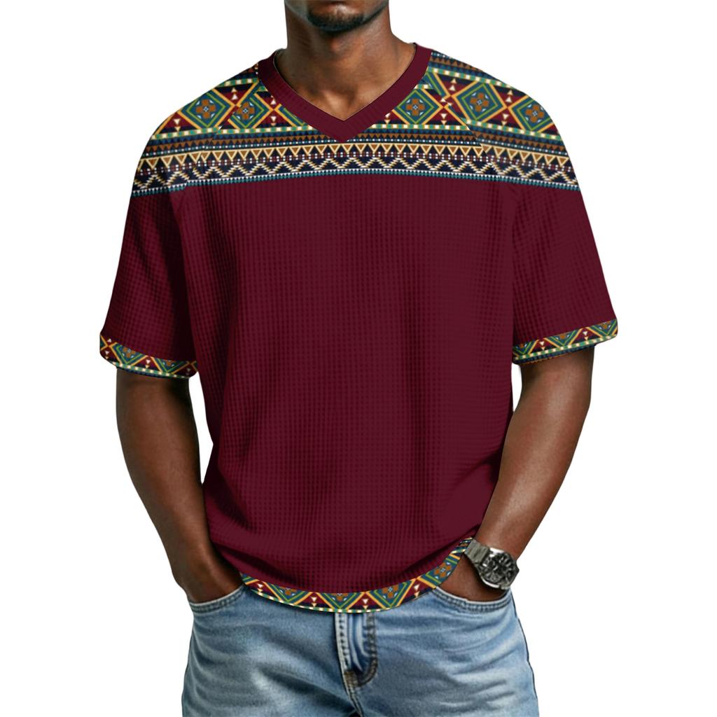 Men's casual stylish retro texture printed short-sleeved shirt Men's breathable V-neck short-sleeved top