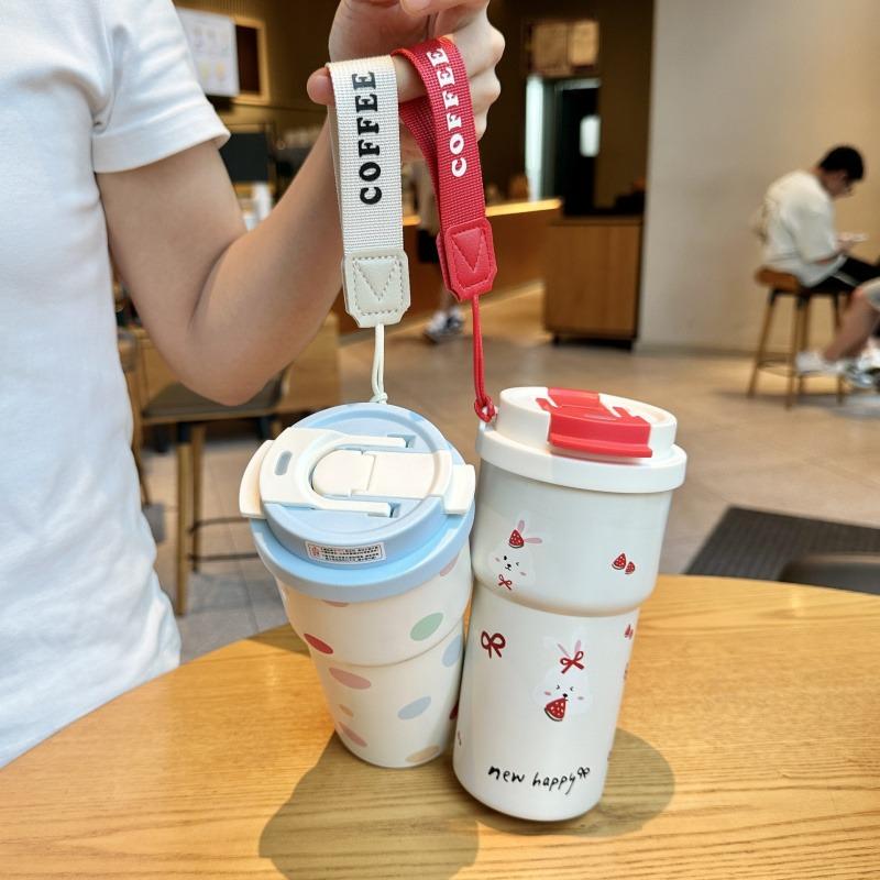 Cute Thermos Bottle For Girls Coffee Cup With Straw Hot and Cold Drink 316 Stainless Steel Vacuum Tumbler Outdoor Car Ice Cup