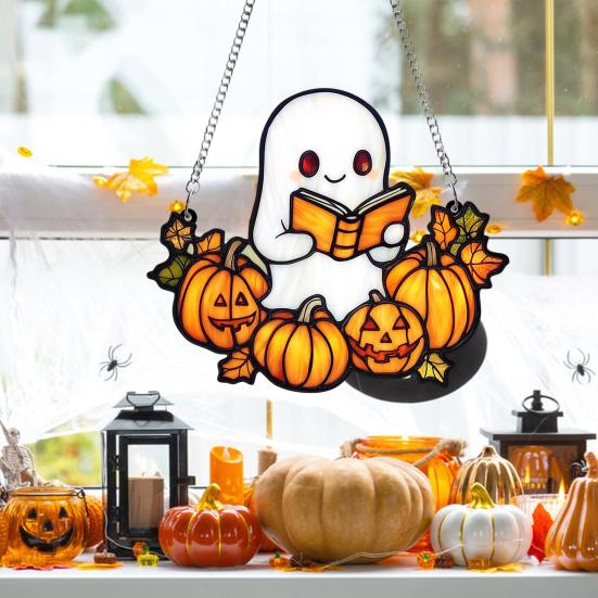 Halloween Cute Ghost Suncatcher Stained Glass Style Acrylic Window Hanging Ghost Light Catcher for Window Wall Decor
