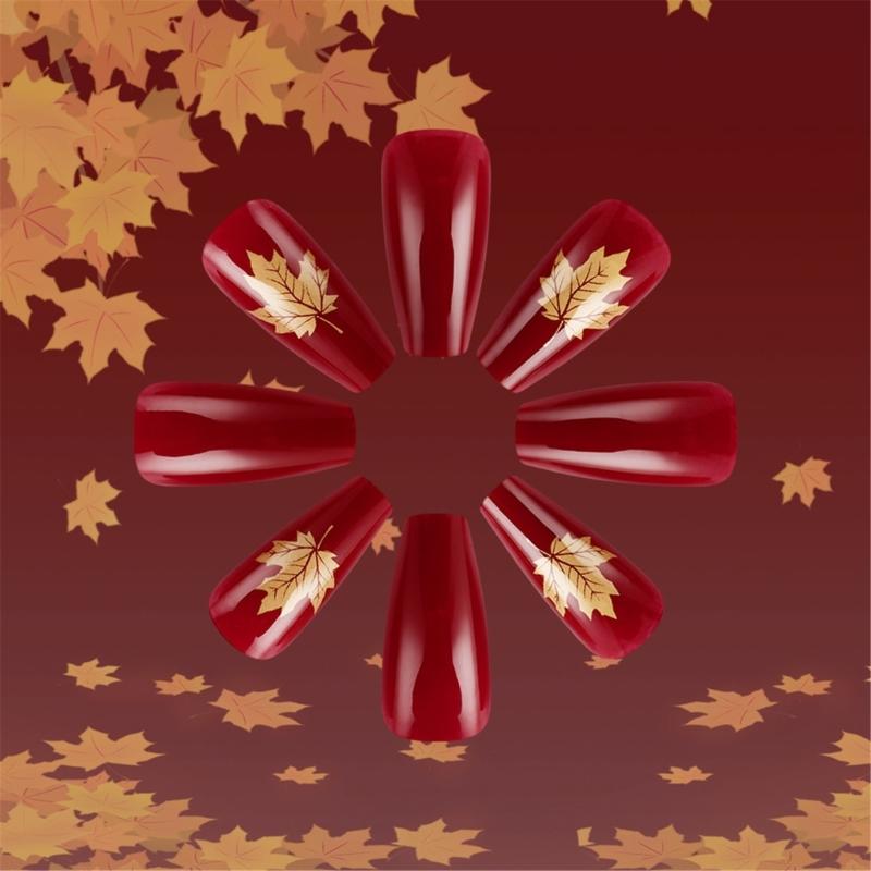 24Pcs Fall Press on Nails Short Square Stick on Nails Golden Maple Leaf Full Cover Artificial Thanksgiving False Nails