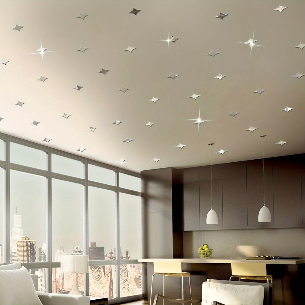 50Pcs Fashionable Removable 3D Star-Shaped Mirror Effect Wall Art Decals Stickers for Home Decor (Color: Silver)
